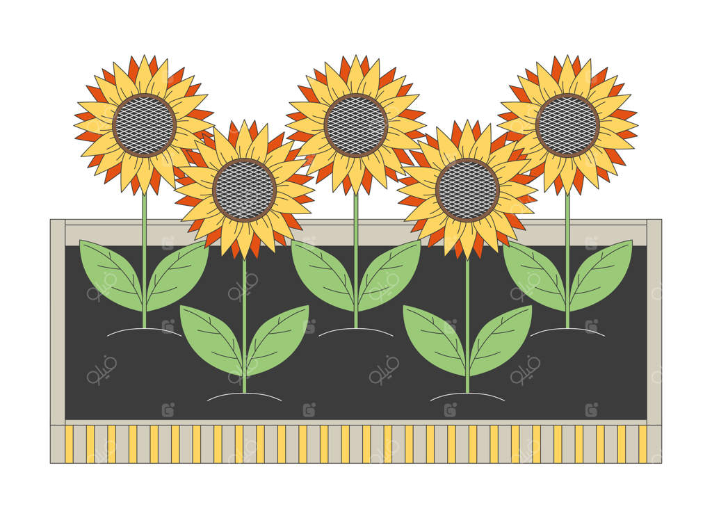 تخت گل برجسته با آفتابگردان - تصویر کارتونی دو‌بعدی. باغبانی، طبیعت روستایی، کشاورزی پایدار. گیاهان شکوفا، عنصر مجزا روی زمینه سفید. تصویر تکمیلی