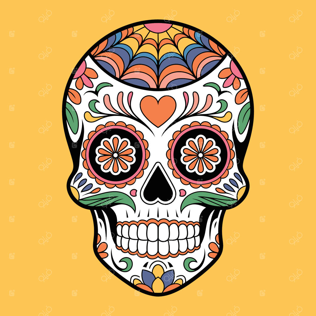 تصویر جمجمه قندی رنگارنگ با گل‌ها ویژه روز مردگان