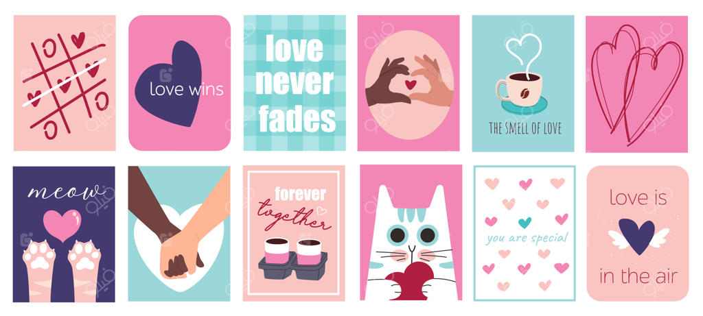 پوسترهای قالب تایپوگرافی روز ولنتاین: طرح‌هایی با بازی عاشقانه، عشق، قلب‌ها، دست‌های زوجین، فنجان قهوه، پنجه‌های گربه، هدیه و موارد دیگر. مجموعه بنرهای شبکه‌های اجتماعی با طراحی نوستالژیک دهه ۹۰. تصویرسازی.