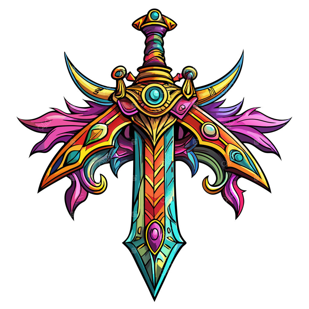 تصویر شمشیر تزئینی رنگارنگ با جزئیات سنگ‌های قیمتی در سبک فانتزی پرجنب‌وجوش