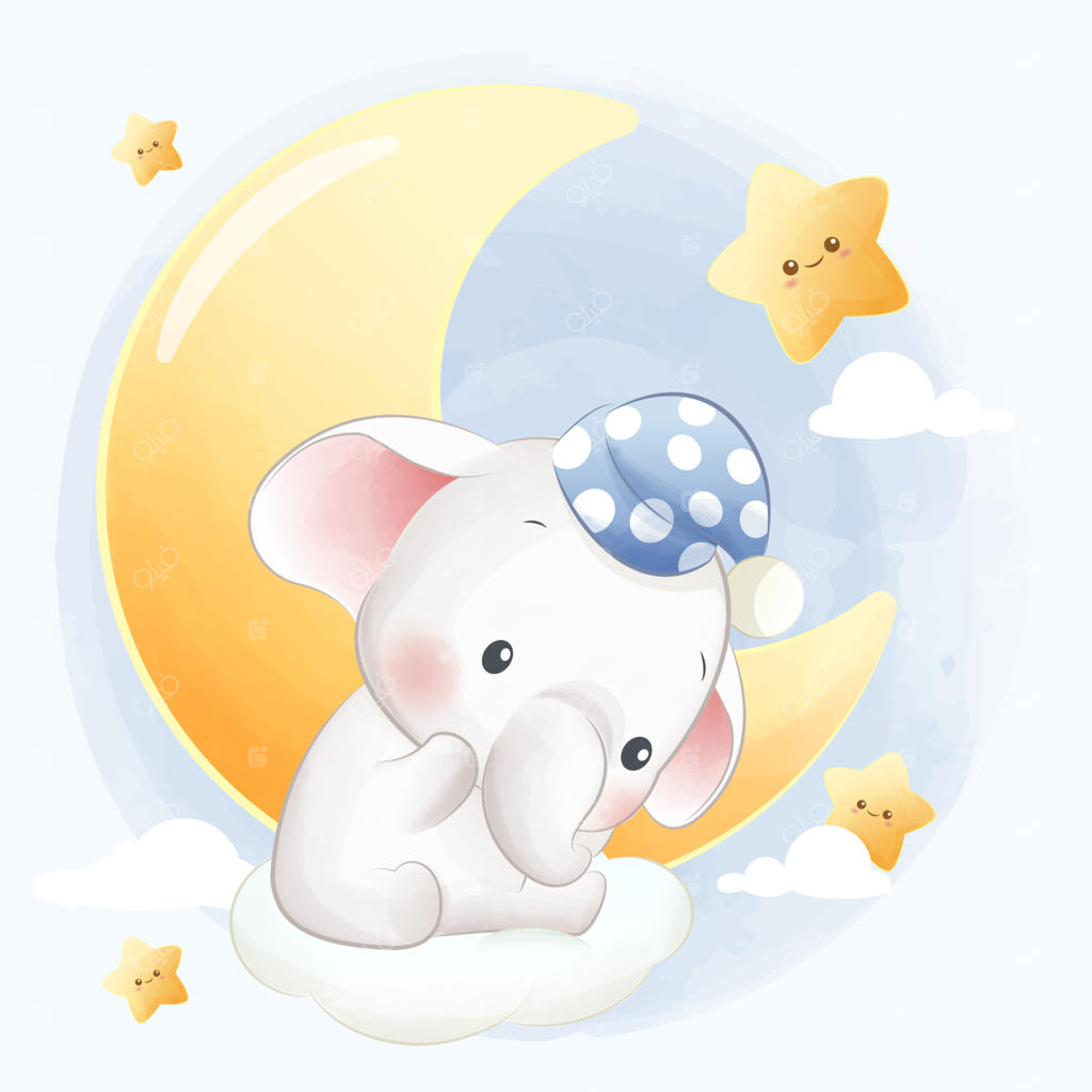 بچه فیل کارتونی بامزه و خواب‌آلود با کلاه خواب و ستاره‌های ریز