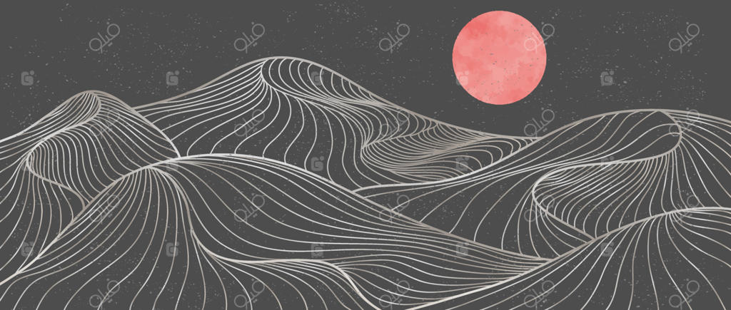 طرح خطی طلایی کوه، پس‌زمینه منظره کوهستانی انتزاعی و مدرن. مناسب برای چاپ، جلد، کارت دعوت و پارچه. تصویرسازی وکتور