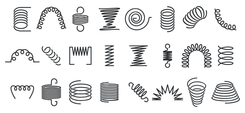 فنر مارپیچی: مجموعه آیکون‌های وکتور از فنرهای منعطف، کویل‌های سیمی و مارپیچ‌های فلزی