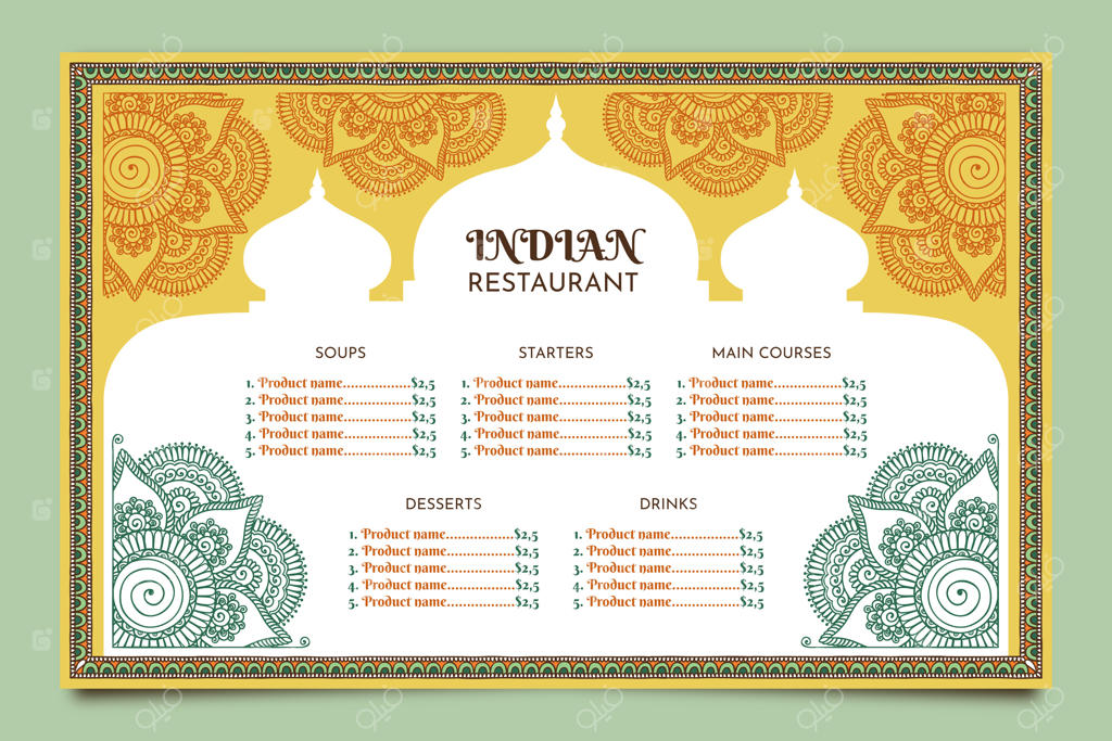 پترن منوی هندی با طراحی دستی و تخت