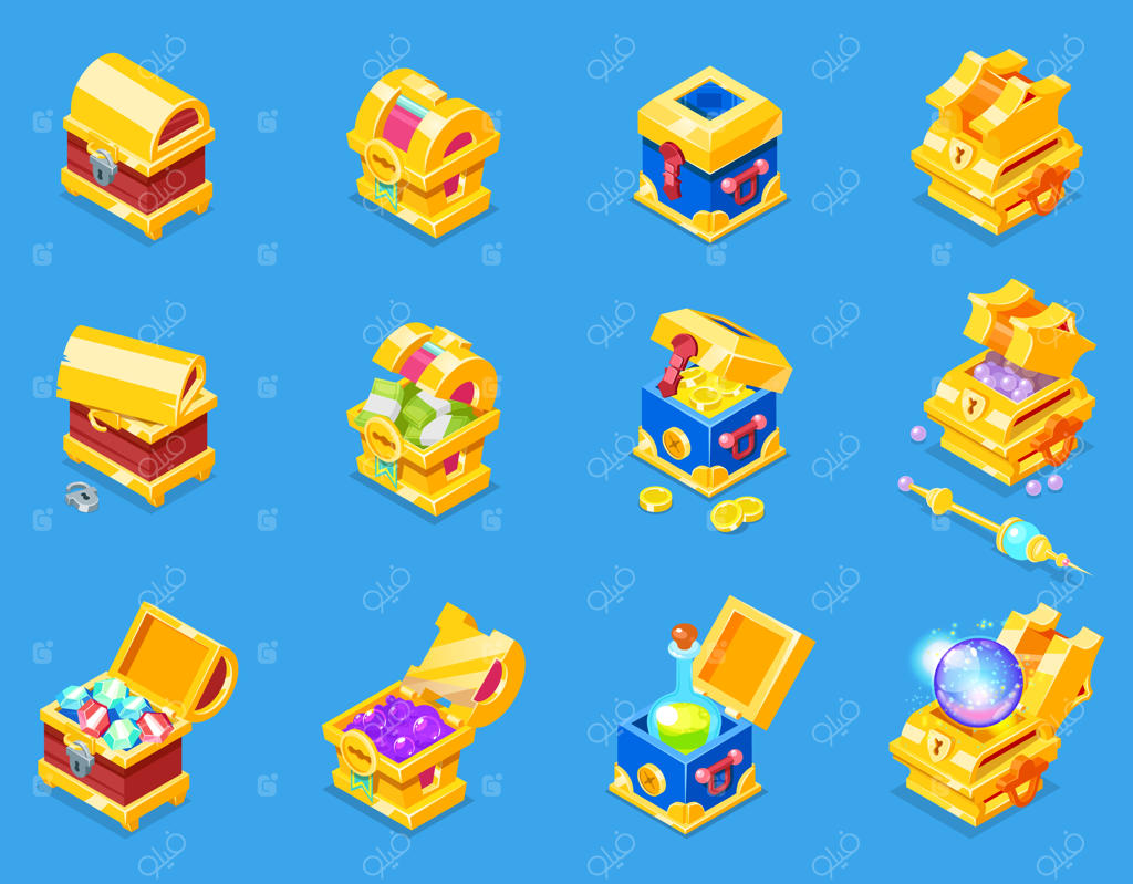 ایکون جعبه گنجینه ایزومتریک با سکه‌های طلا یا صندوقچه چوبی دزدان دریایی با سکه‌های طلایی و جواهرات باستانی