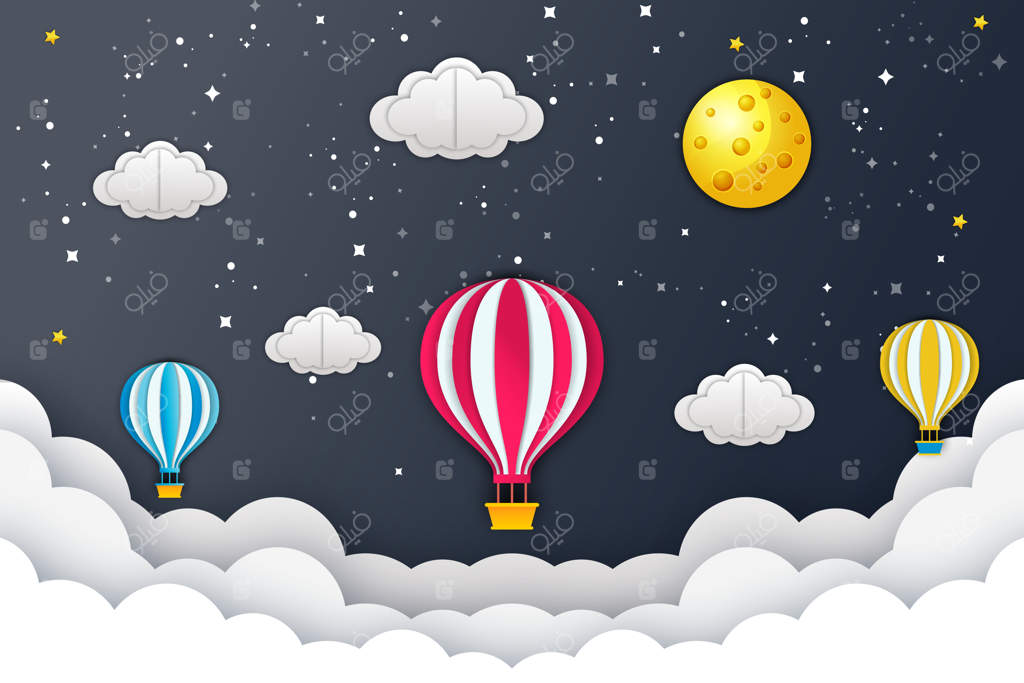 پرواز بالن‌های هوای گرم در آسمان شب با پس‌زمینه هنر کاغذی سفر