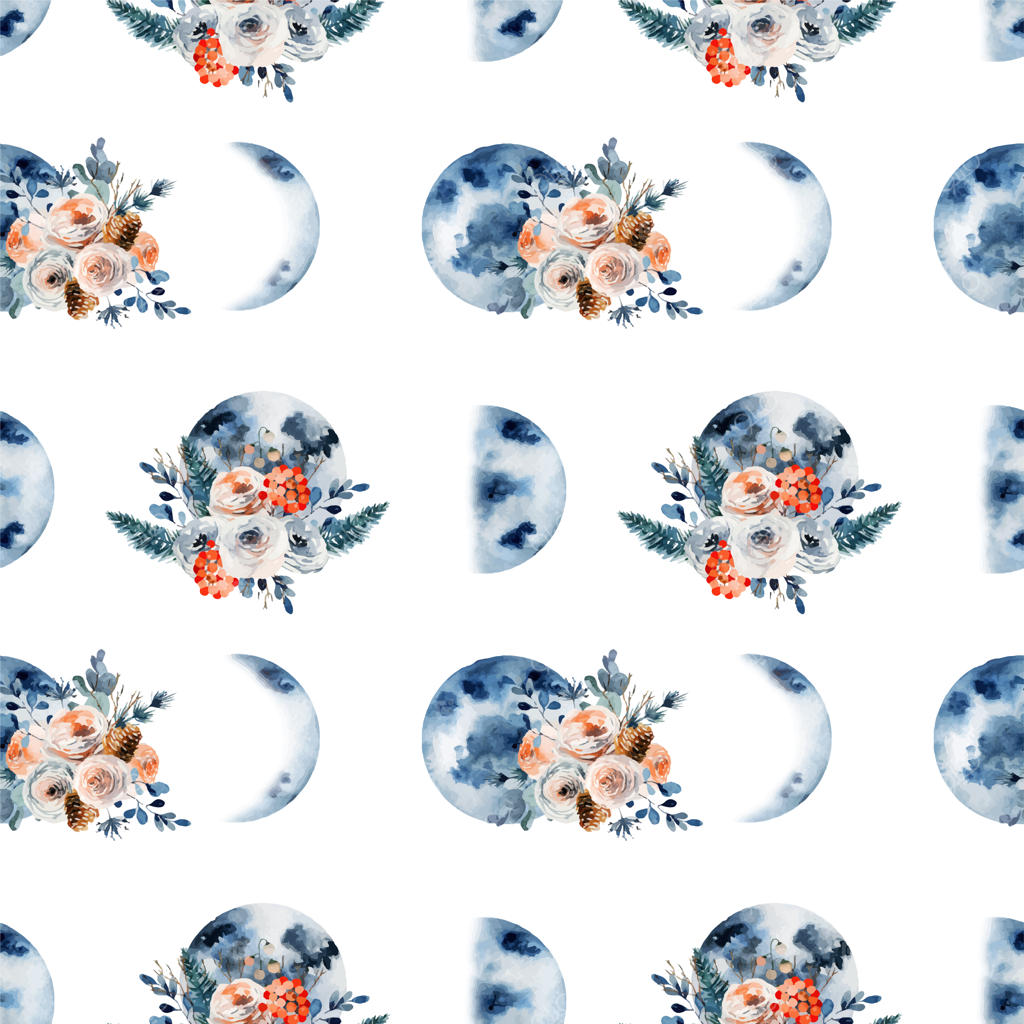 پترن یکپارچه از فازهای ماه آبرنگی در گل‌های قدیمی