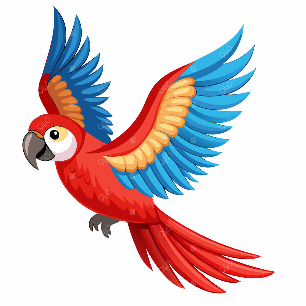 کارتون طوطی دم‌دراز رنگارنگ در حال پرواز روی پس‌زمینه سفید. مناسب برای پوستر آموزشی، لوگو، کتاب‌های کودکان. تصویر کودکانه. تصویرسازی