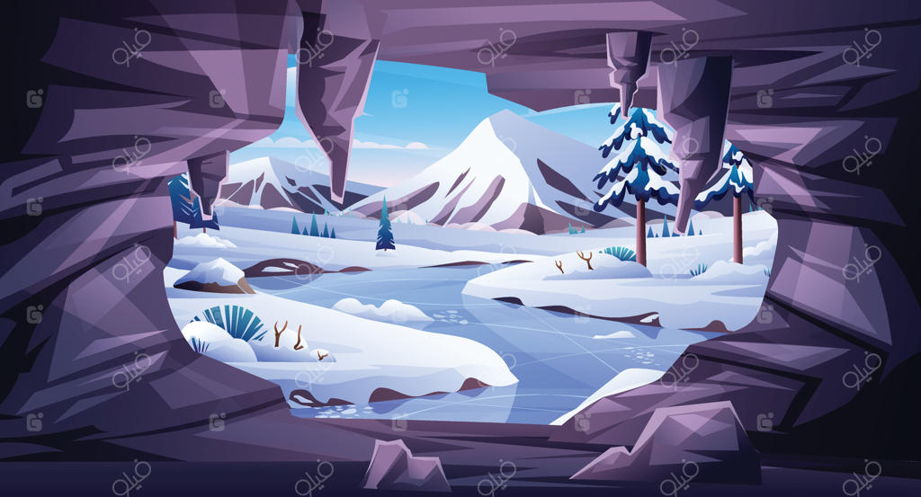 نمای رودخانه یخ‌زده و کوه‌های پوشیده از برف از دهانه غار؛ تصویرسازی کارتونی