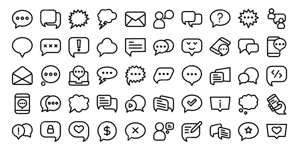 مجموعه آیکون‌های حباب گفتگو و چت؛ آیکون‌های خطی وب برای پیام، مکالمه و بحث. وکتور حرفه‌ای با طراحی پیکسلی دقیق در پس‌زمینه سفید.