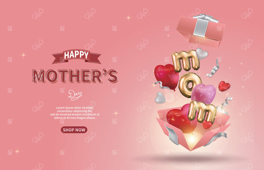 راهنمای فروش ویژه روز مادر صورتی، جعبه هدیه باز با بادکنک‌های قلبی پرواز و روبان‌ها