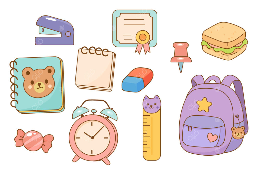 مجموعه آیکون‌های بامزه مدرسه با جعبه ناهار و لوازم التحریر