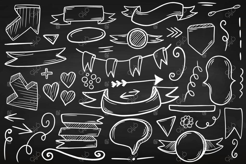 مجموعه بزرگی از عناصر طراحی دست‌کشیده روی تخته سیاه. برای طراحی شما.