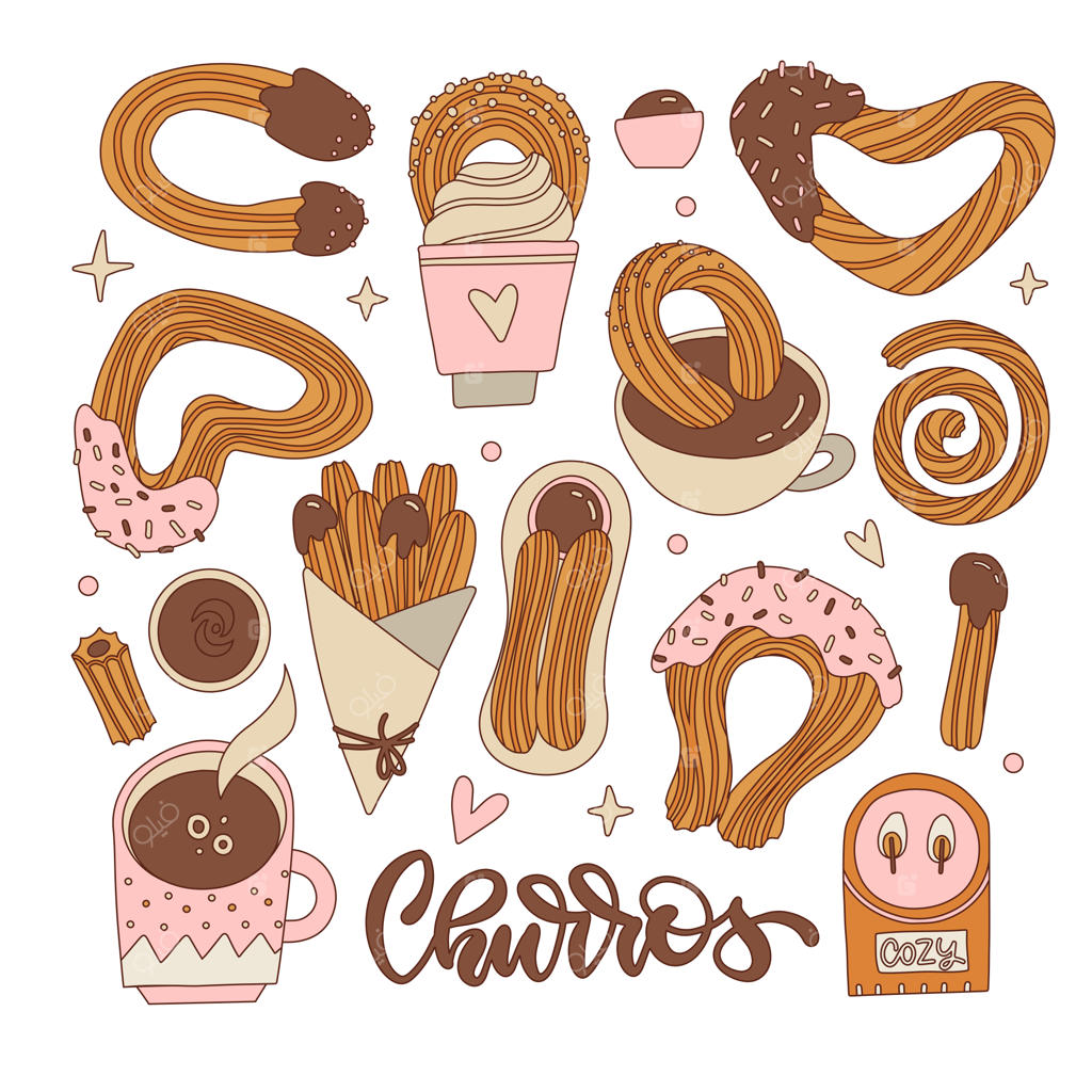 مجموعه‌ای از شکل‌های مختلف چوروس با سس شکلات - اسنک مکزیکی به سبک طراحی قدیمی وینتیج