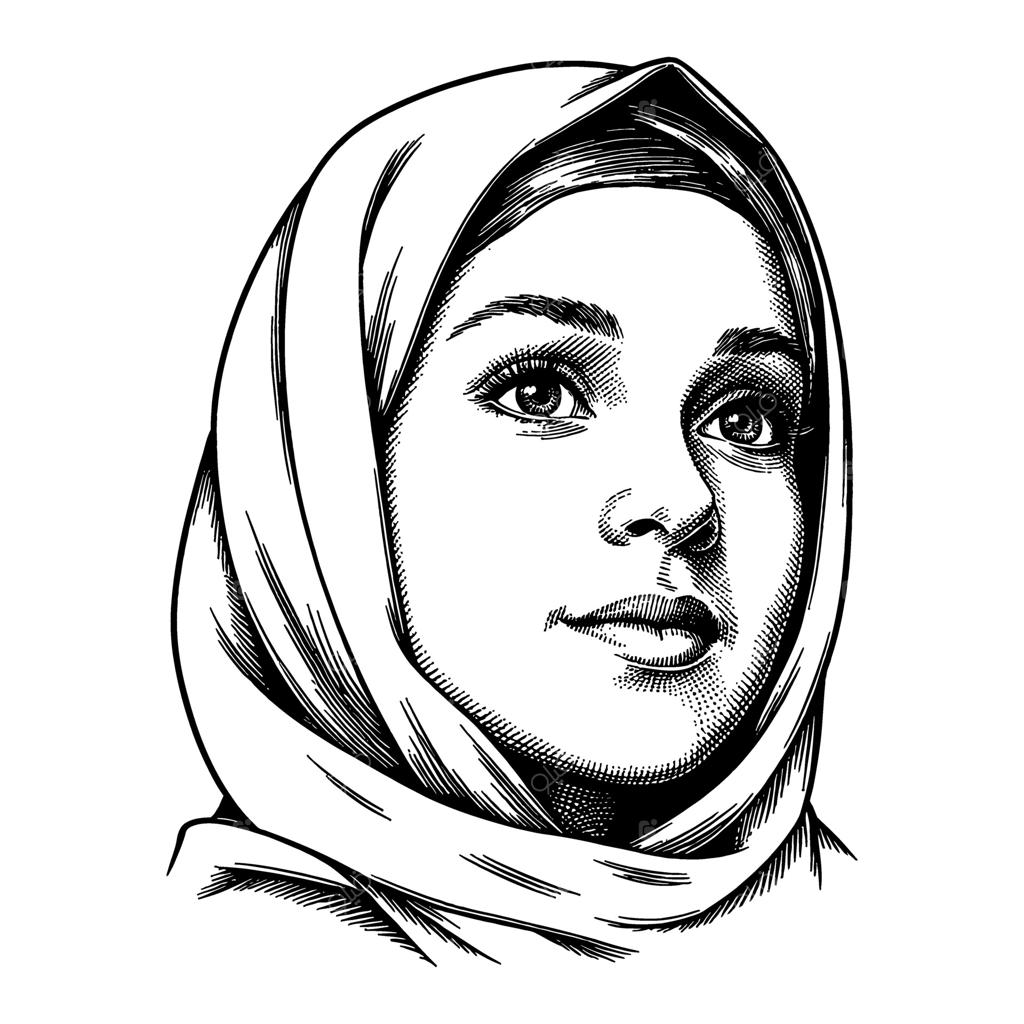 تصویرسازی خطی و سیاه و سفید چهره دختر محجبه زیبا