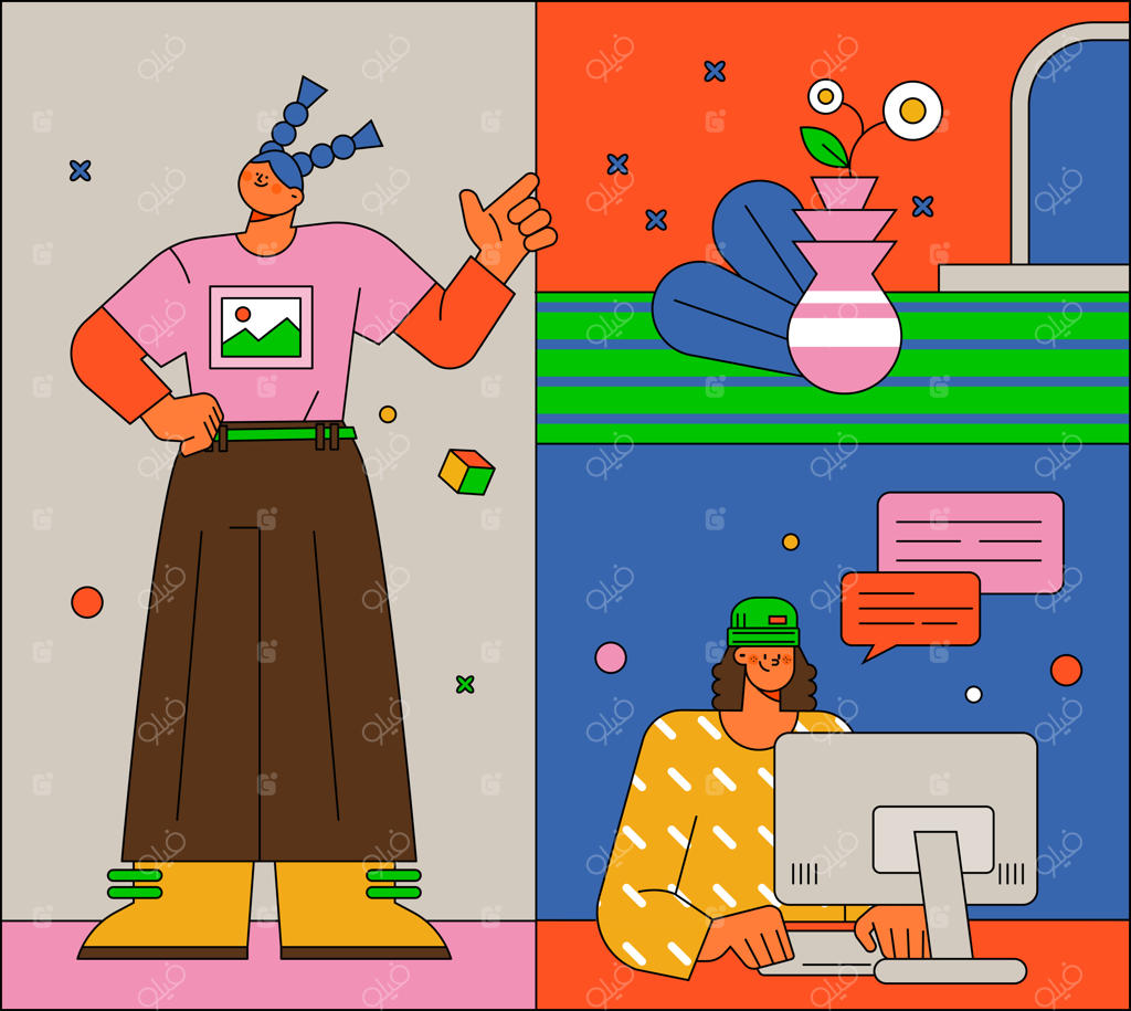 یکی ایستاده و صحبت می‌کند و دیگری با کامپیوتر کار می‌کند.