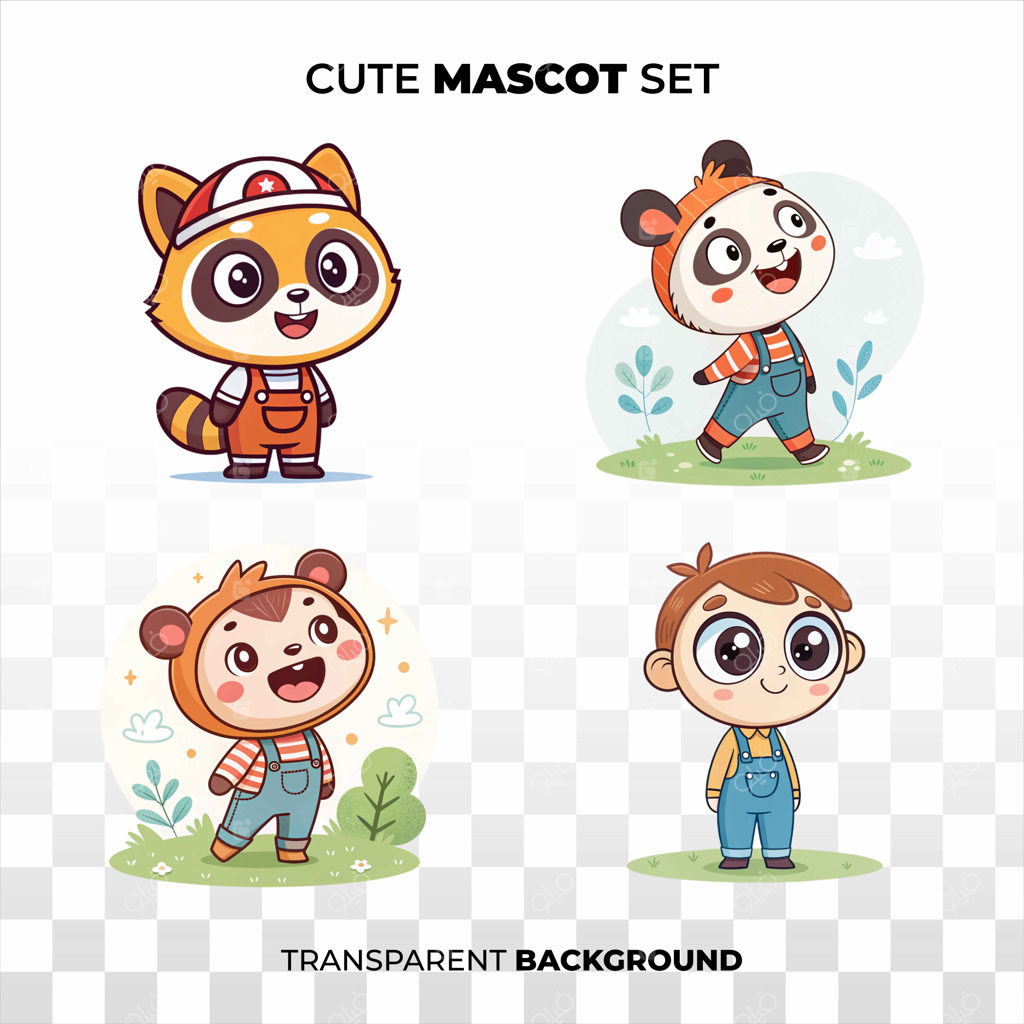 چهار مسکات حیوانی کارتونی دوست‌داشتنی و کودکی با لباس سرهمی، رندر شده در یک