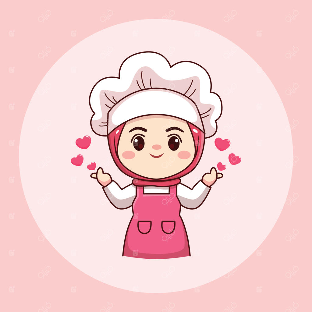 طراحی شخصیت بامزه و شیرین سرآشپز یا نانوا با حجاب با نشانه عشق، به سبک مانگا و چینییکی ژاپنی در قالب وکتور