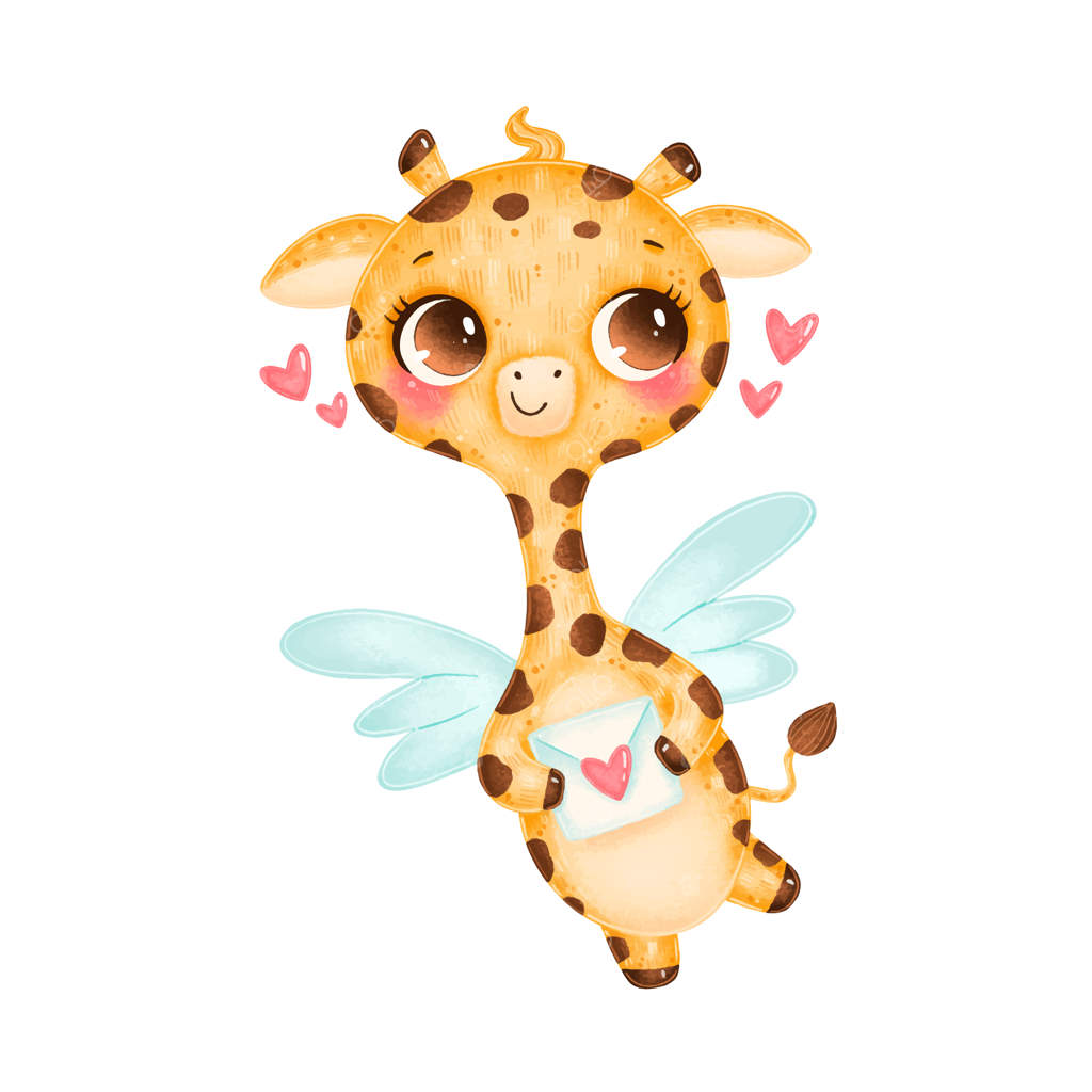 تصویر کارتونی بامزه روز ولنتاین: زرافه کیوپید با بال‌ها در پس‌زمینه سفید