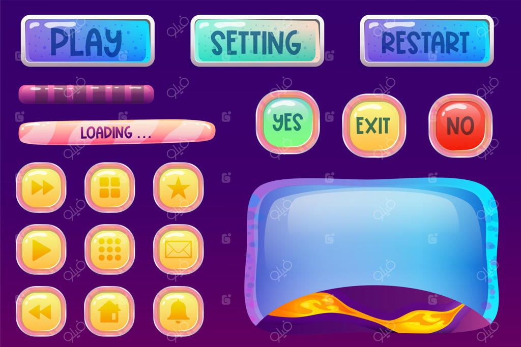 پک رابط کاربری بازی فضایی با دکمه و صفحه نمایش - طراحی کارتونی برای اپ و بازی موبایل و وب