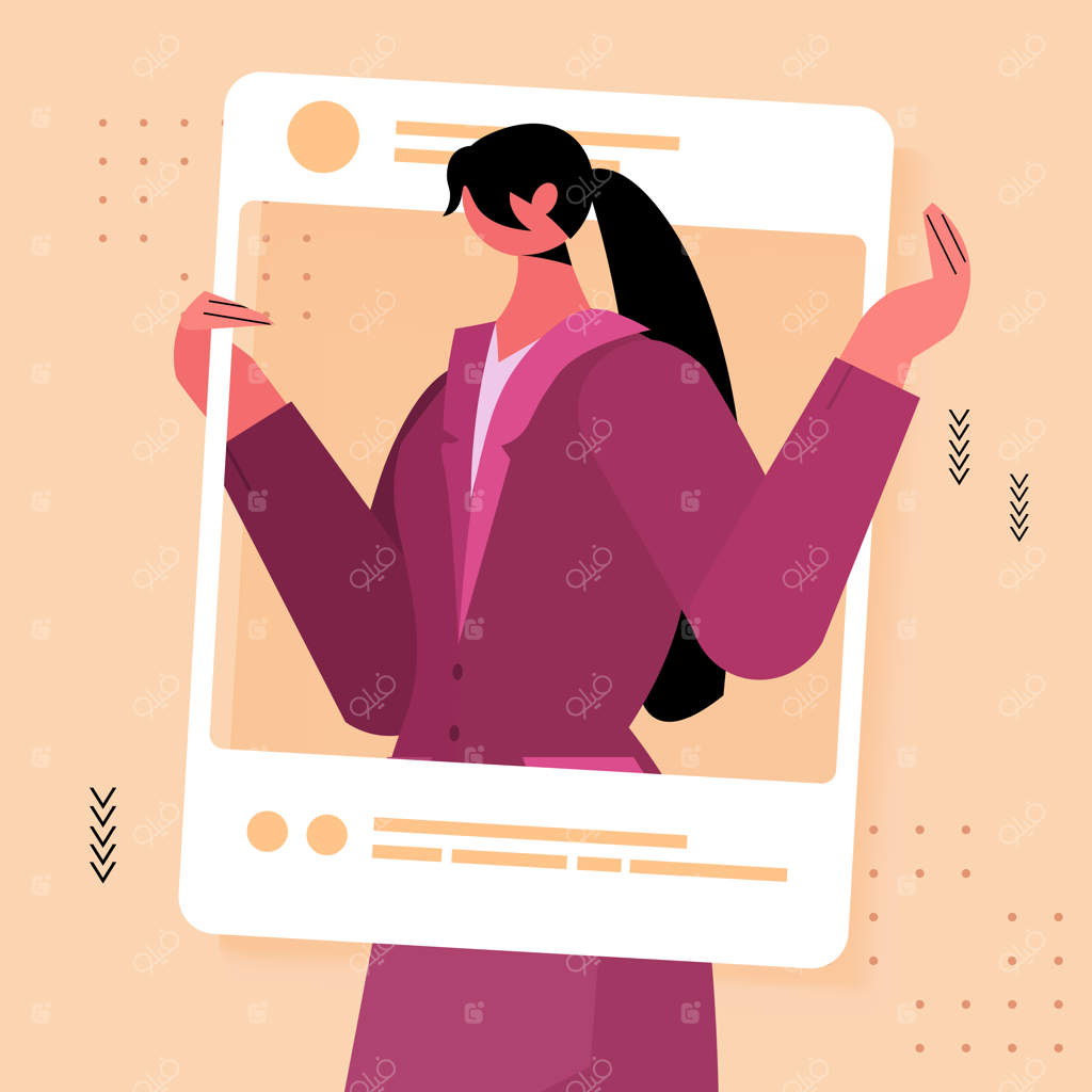 زن در پنجره مرورگر در حال گرفتن عکس و ژست گرفتن برای شبکه‌های اجتماعی