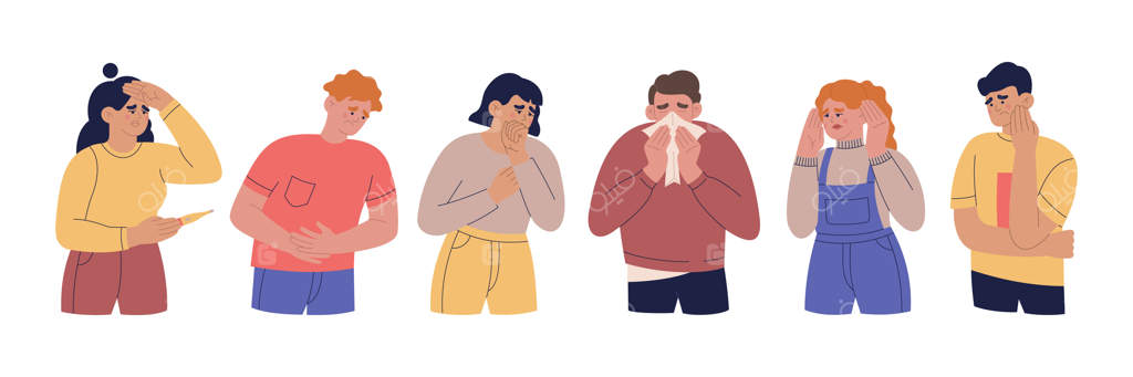 گروهی از افراد با علائم مختلف بیماری - مردان و زنان با سرماخوردگی، دندان‌درد و سردرد