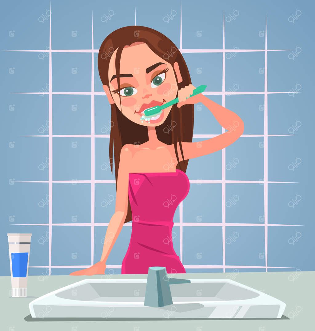 شخصیت دختر در حال مسواک زدن دندان‌ها. تصویر کارتونی وکتوری تخت