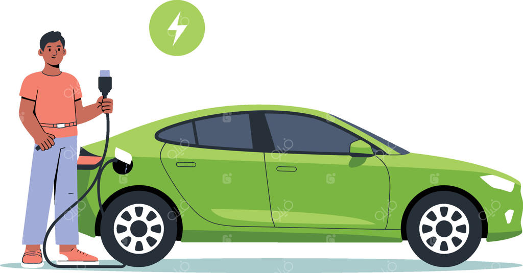 مردی در حال شارژ کردن خودروی برقی سبز با نماد صاعقه