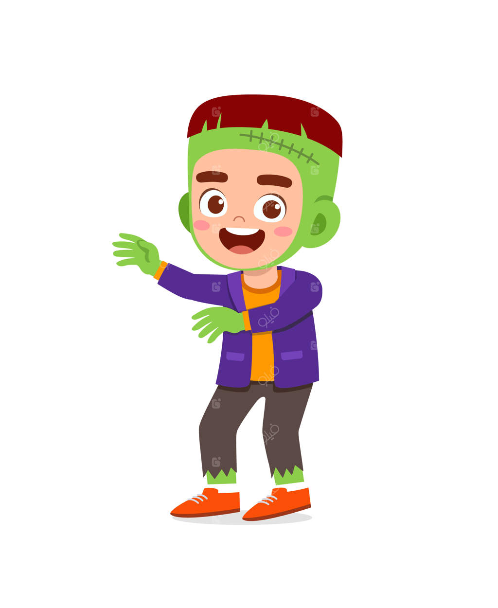 کودک بامزه و خوشحال جشن هالووین با لباس هیولا فرانکشتاین