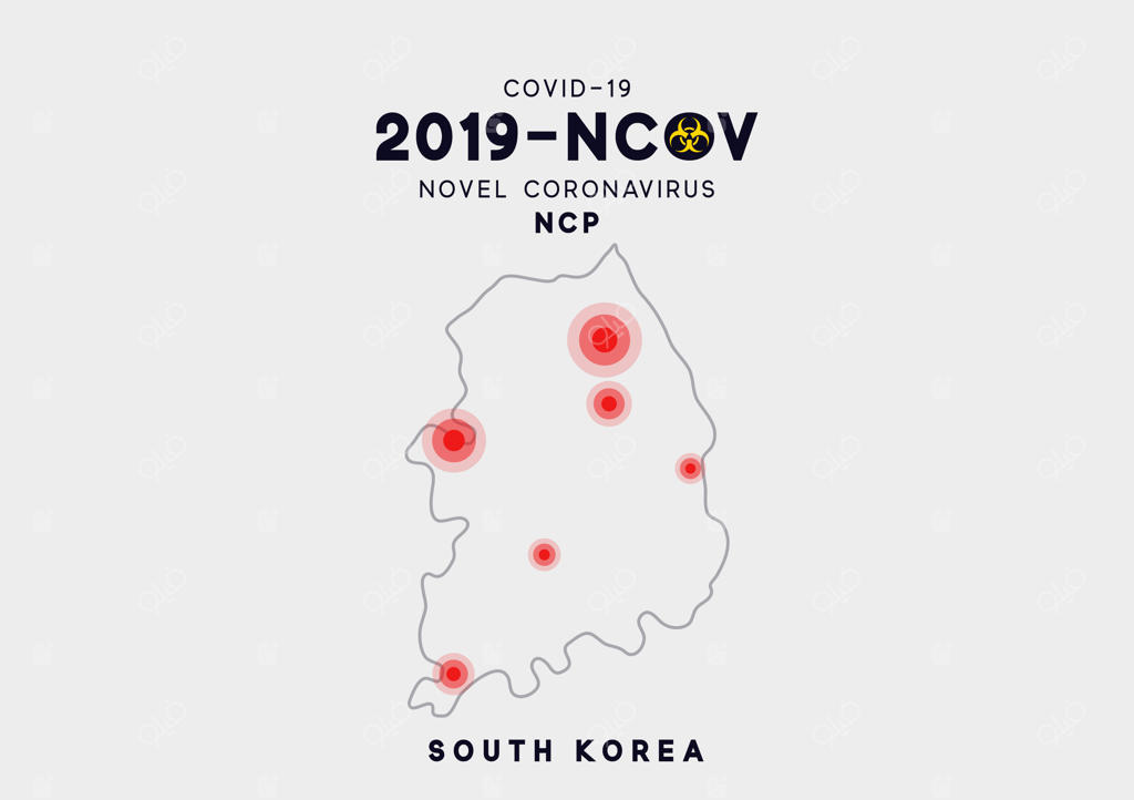 اینفوگرافیک نقشه کره جنوبی؛ شیوع ویروس کووید ۱۹. کروناویروس جدید (2019-ncov). ویروس تنفسی کروناویروس 2019 از چین. ویروس ncov یک ویروس RNA تک‌رشته‌ای است.