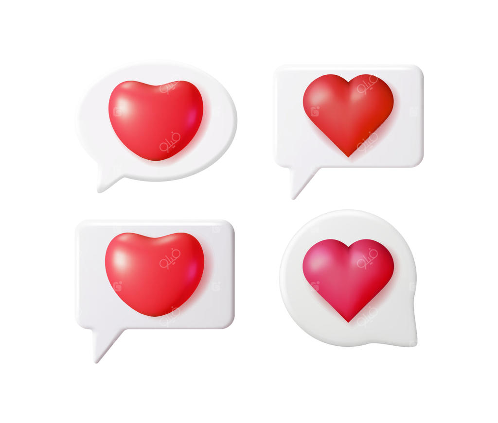 آیکون‌های سه‌بعدی قلب قرمز در حباب‌های گفتگو با اشکال متنوع. نماد اعلان عشق برای شبکه‌های اجتماعی و روز ولنتاین.