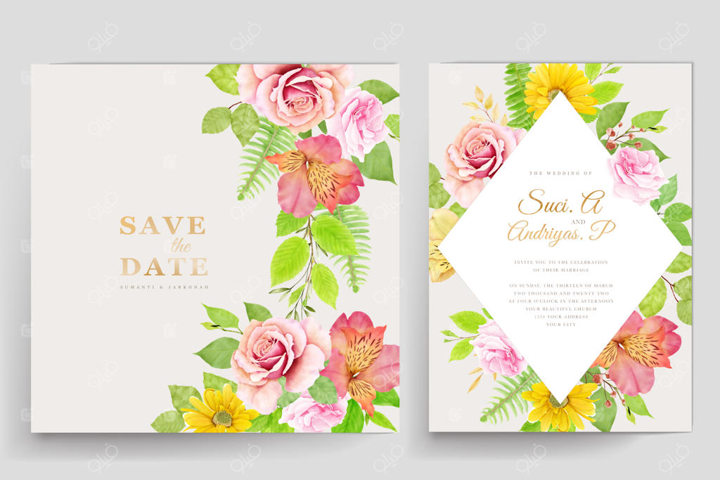 مجموعه کارت دعوت عروسی با طرح زیبای گل‌های رز دستی کشیده شده