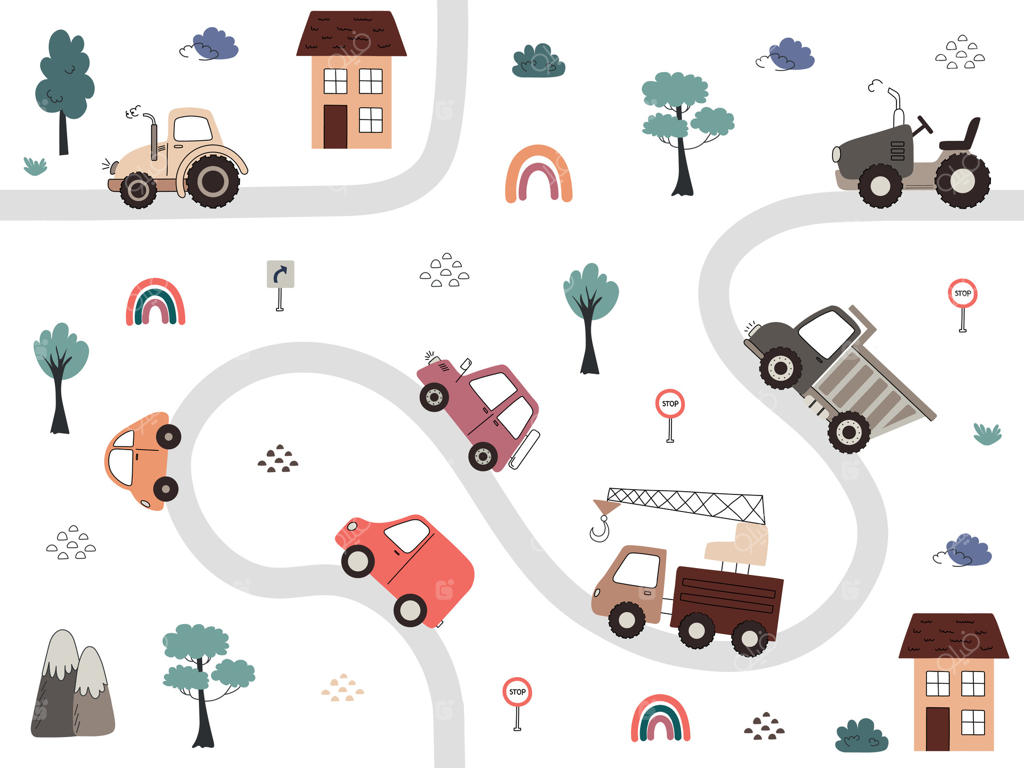 الگوی بی‌درز برای کودکان با وسایل نقلیه رنگی از جمله ماشین‌ها، کامیون‌ها، تراکتورها و جاده‌ها و خانه‌ها به سبک تخت.