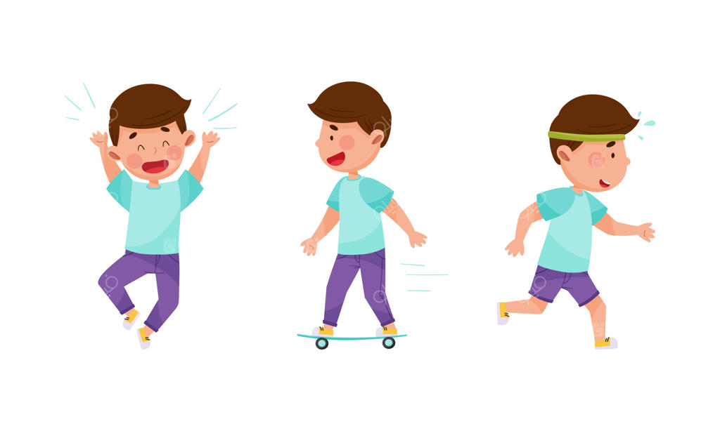 مجموعه فعالیت‌های روزانه کودکان. پسر بامزه‌ای در حال خوش‌گذرانی، اسکیت‌سواری و دویدن در یک تصویر کارتونی