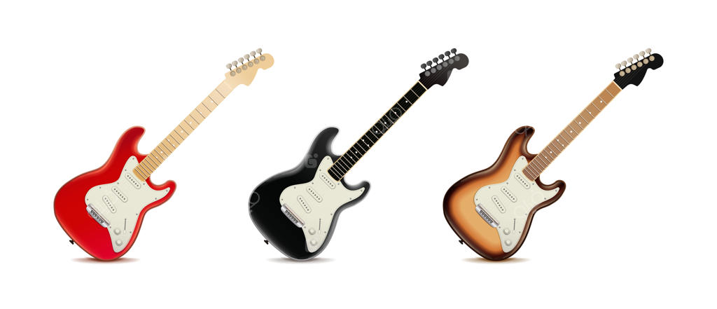 مجموعه آیکون‌های واقع‌گرایانه وکتور گیتار الکتریک. جدا شده بر روی زمینه سفید.