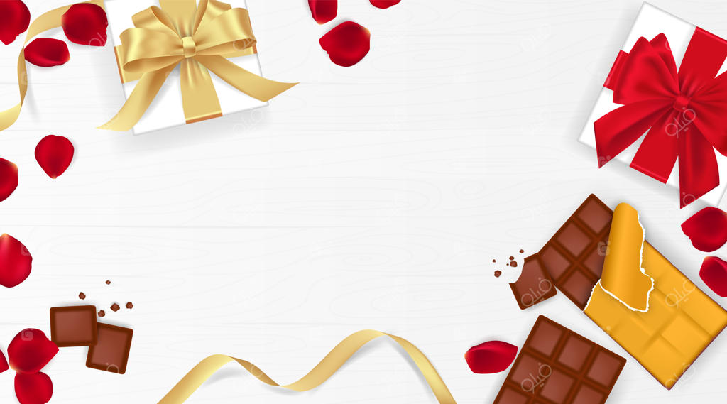زمینه روز ولنتاین با گلبرگ‌های رز، شکلات و جعبه هدیه