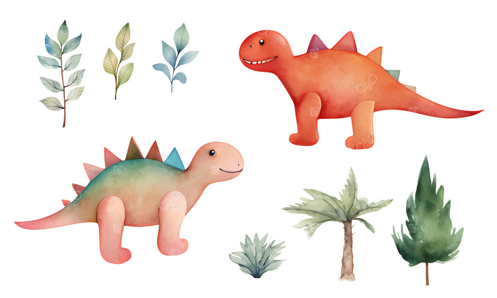 دایناسورهای کوچک و درختان - مجموعه‌ای از دایناسورهای آبرنگی. نقاشی‌های دست‌کشیده بامزه دایناسورها.
