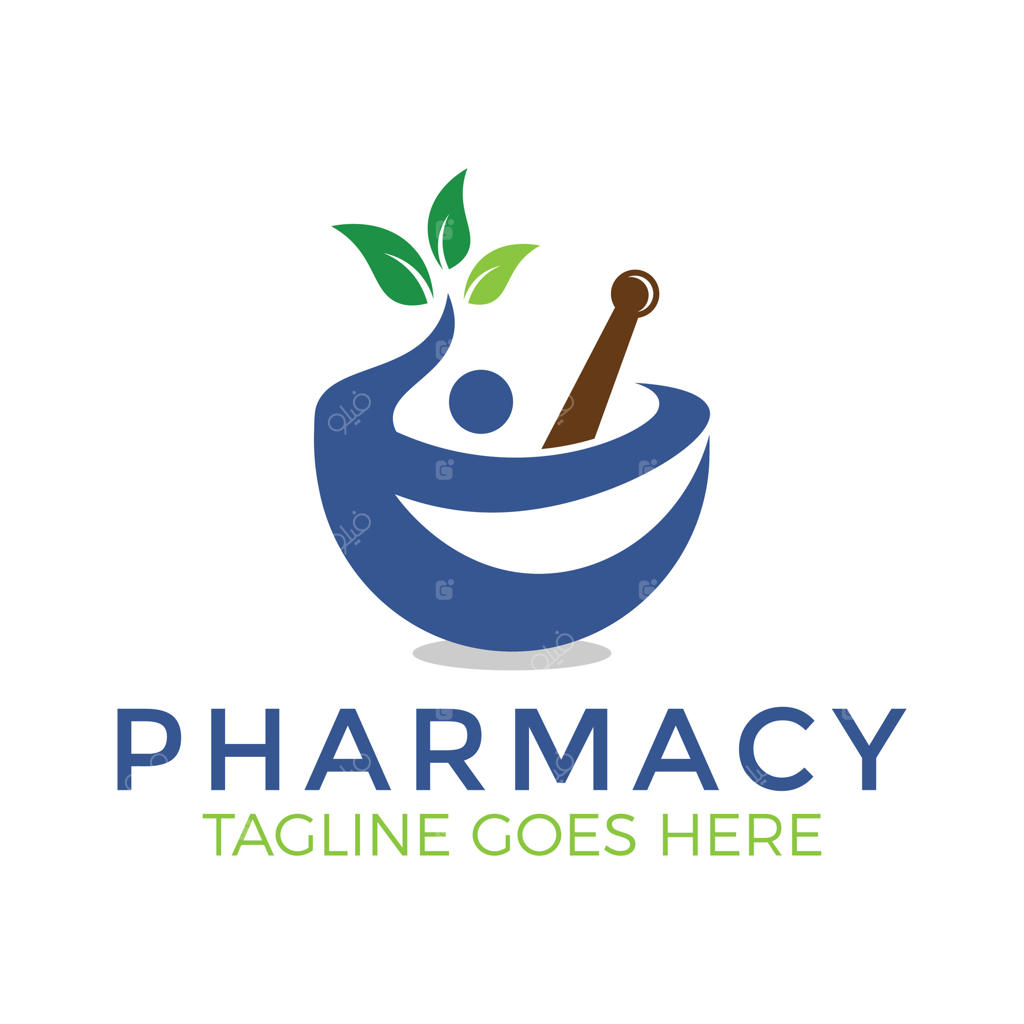 طراحی لوگو برای داروخانه گیاهی با نماد هاون و برگ برای داروهای طبیعی. تصویرسازی