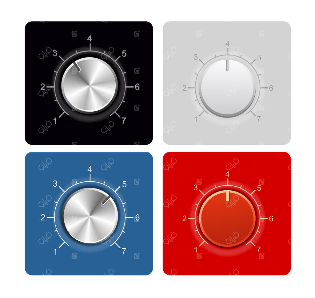 دکمه‌هایی با تنظیم‌کننده و مقیاس دما برای سرعت فشار صوتی - آبی، قرمز، سیاه و سفید. تصویر وکتور