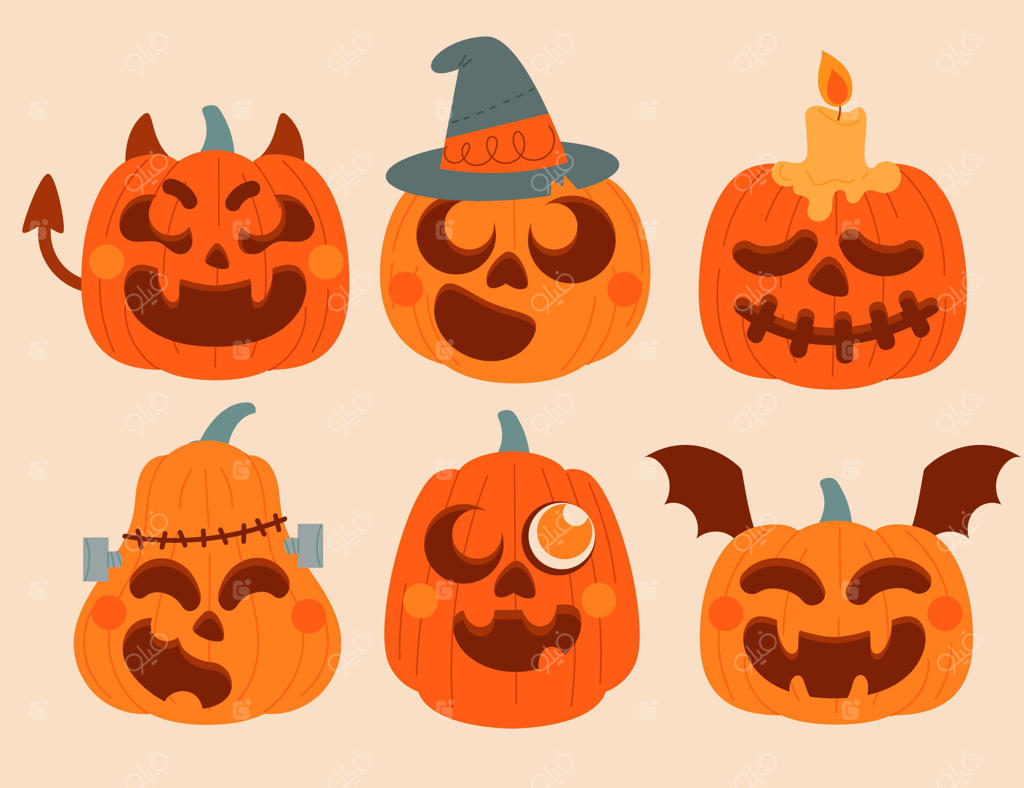 مجموعه کدو تنبل‌های هالووین نقاشی دستی