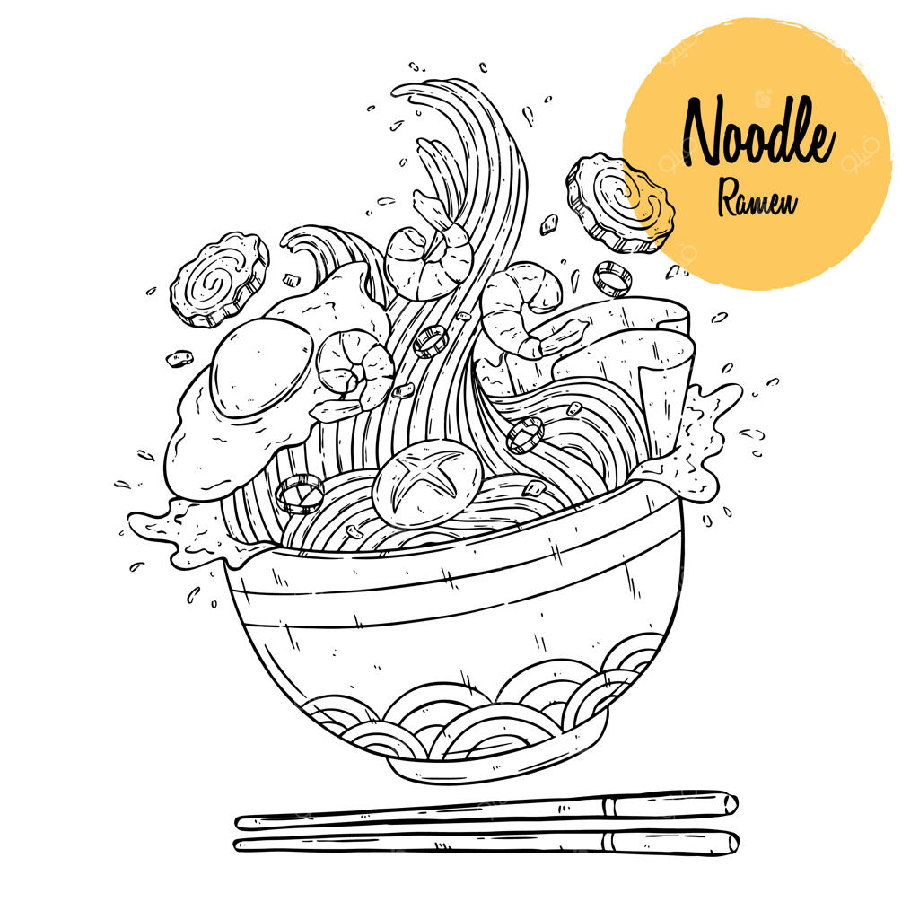 طرح نودل آسیایی در حال پرواز از کاسه با چاپ‌استیک. نقاشی وکتور نودل ژاپنی.