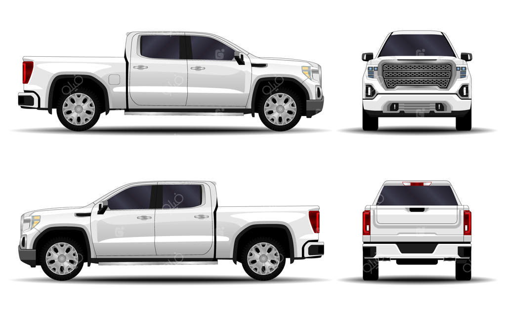 ماشین واقعی: کامیون، وانت. نمای جلو؛ نمای جانبی؛ نمای پشت.