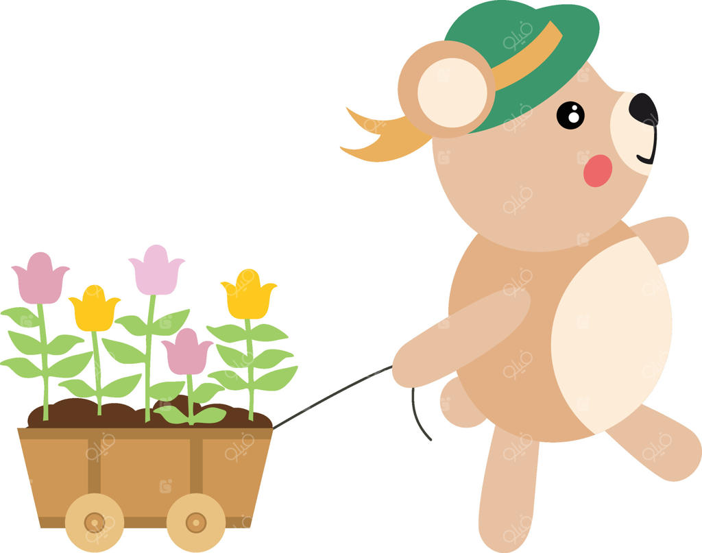 خرس عروسکی باغبان با گاری چوبی پر از گل‌ها