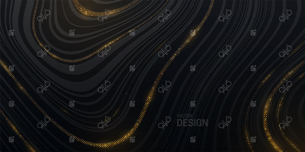 زمینه مشکی انتزاعی با بافت موج‌دار و اکلیل‌های طلایی