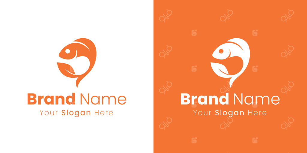 نماد ماهی مدرن و انتزاعی با جزئیات برگ برای برند آبی شما