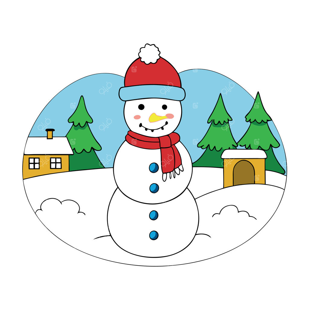 آدم برفی شاد در منظره باغ برای کریسمس ایستاده است