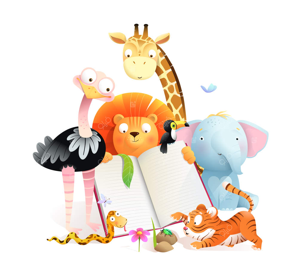 کلاس حیوانات: زرافه، ببر، شیر، فیل و شترمرغ در حال مطالعه کتاب! حیوانات بامزه در حال یادگیری