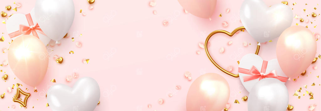 پیش‌زمینه رمانتیک برای عروسی، ولنتاین و تولد: طراحی واقعی شامل بادکنک‌های سفید و صورتی، جعبه‌های هدیه به شکل قلب، گلبرگ‌های گل رز و اکلیل طلایی. قلب فلزی طلایی عشق.