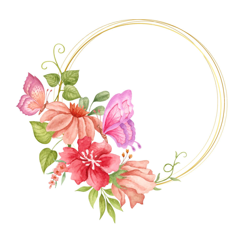 قاب گل‌آرایی دست‌کشیده آبرنگی با پروانه‌های زیبا