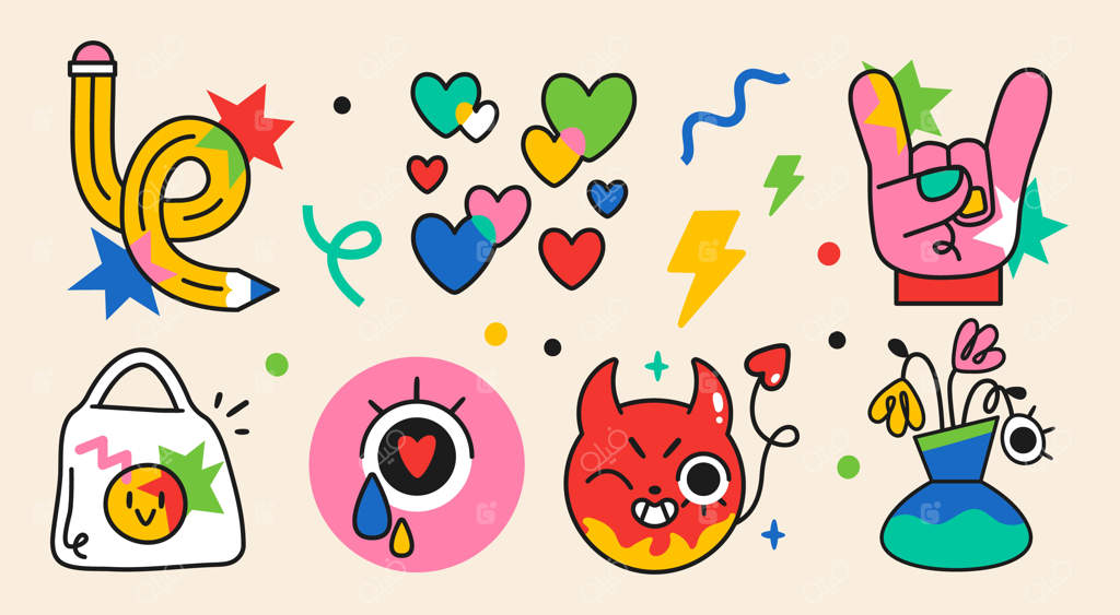 مجموعه‌ای از شخصیت‌های دیوانه‌وار و انتزاعی کارتونی با رنگ‌های زنده و اشکال متنوع در سبک انیمیشن